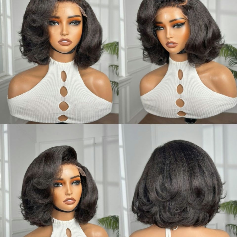 Sleek Black Bob Yaki Wig with Voluminous Curls Human Hair